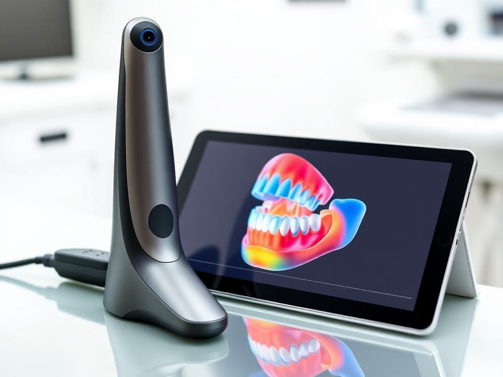 A 3D dental scanner showing a digital smile simulation